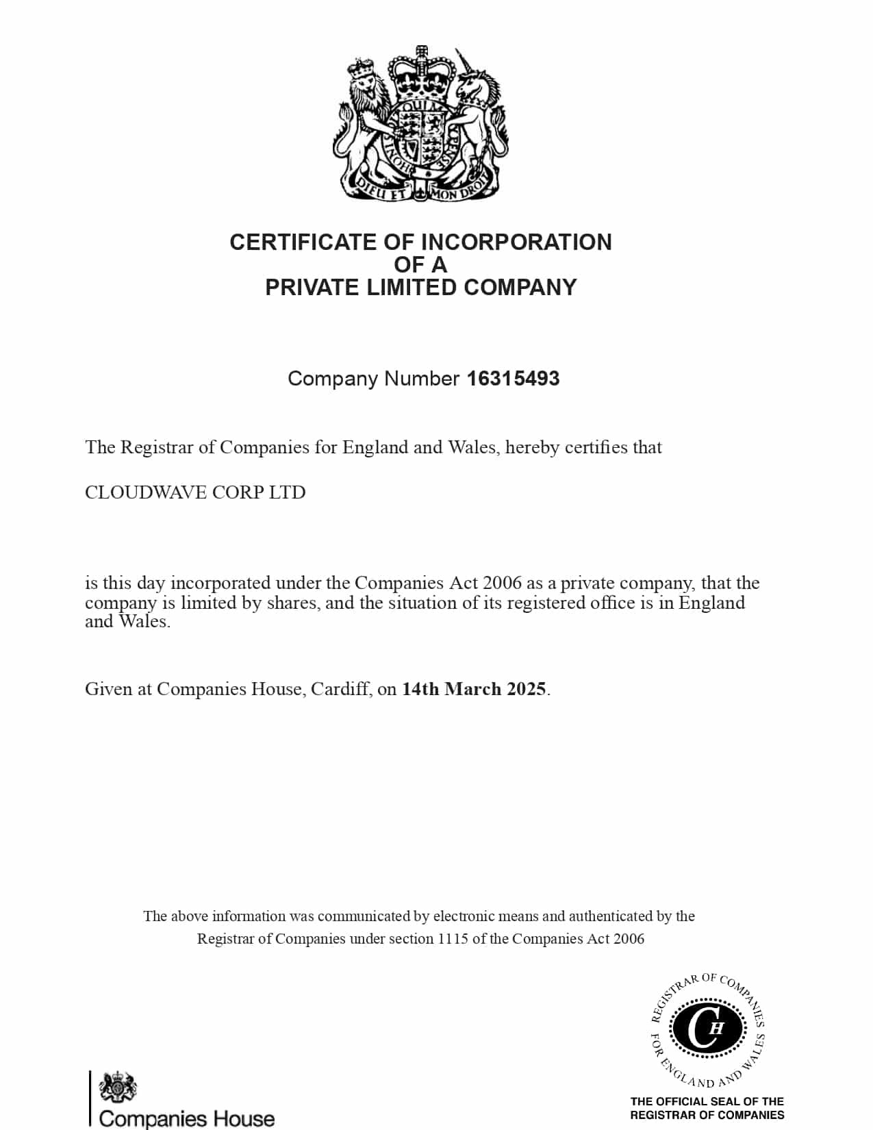 UK Certificate of Incorporation