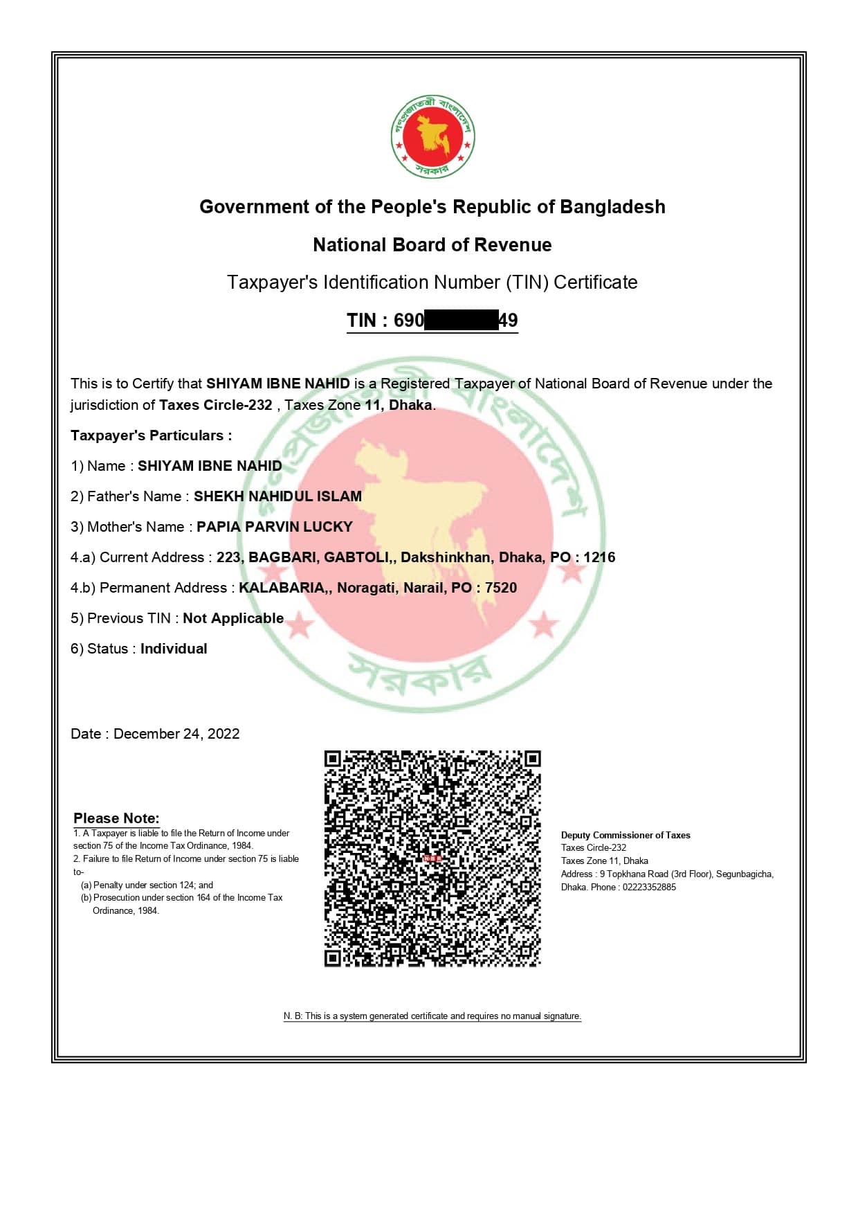 Bangladesh eTIN Certificate